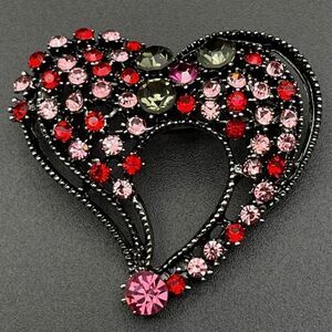 Gunmetal Gray with Ruby Pink Sapphire and Olivine Crystal Heart Pin Back Brooch